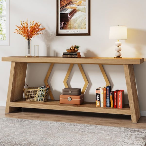 BYBLIGHT Turrella 70.86 in. Light Brown Console Tables, 2-Tier Rectangle Farmhouse Wood Console Table for Living Room