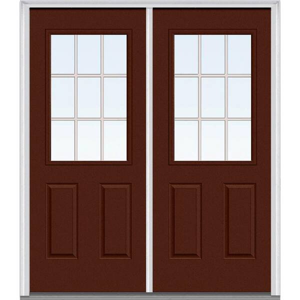 MMI Door 72 in. x 80 in. Tan Internal Grilles Right-Hand Inswing 1/2-Lite Clear Painted Fiberglass Smooth Prehung Front Door