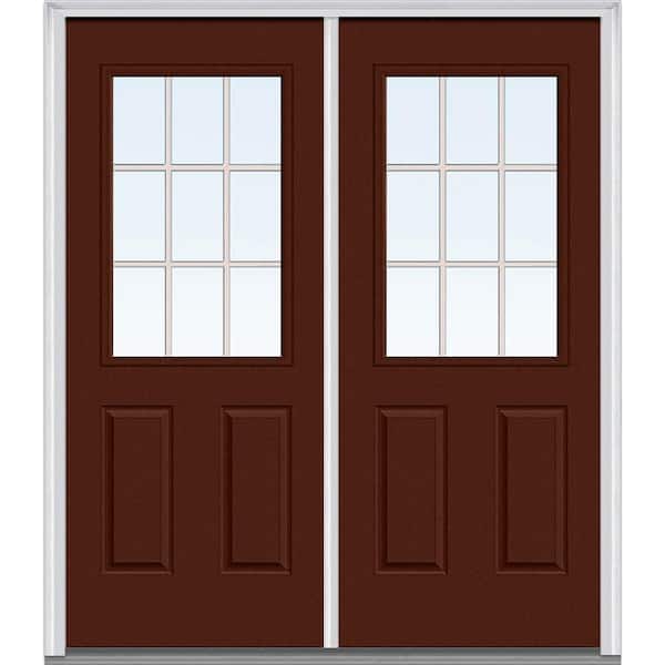 MMI Door 72 in. x 80 in. Tan Internal Grilles Left-Hand Inswing 1/2-Lite Clear Glass 2-Panel Painted Steel Prehung Front Door