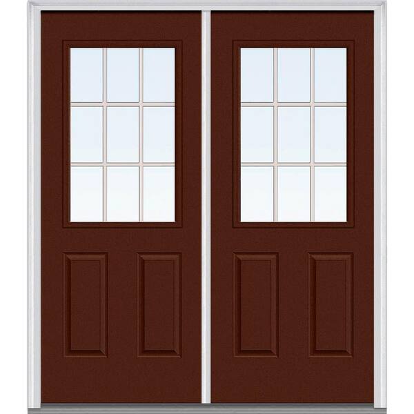 MMI Door 72 in. x 80 in. Tan Internal Grilles Right-Hand Inswing 1/2-Lite Clear Glass 2-Panel Painted Steel Prehung Front Door