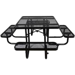 Metal Patio Dining Furniture, Heavy-Duty Outdoor Picnic Table with Umbrella Hole, 46" Square Top, Black