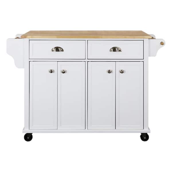 FUNKOL White Cambridge Natural Wood Top 32 in. Kitchen Island with Storage