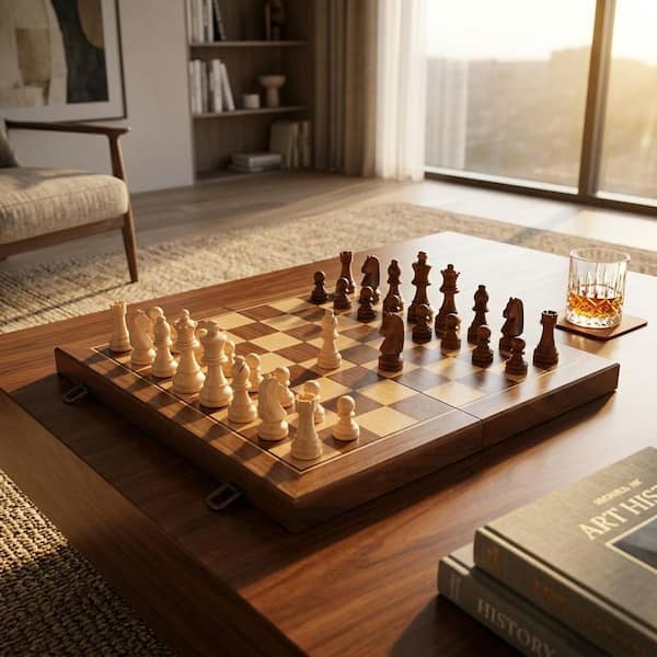 15 in. Magnetic Wooden Chess Set, Folding Board with Storage