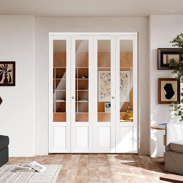 TENONER 72 in. x 80 in. Half Lite Mirrored Glass Solid Core White PVC Covering MDF Bi-fold Door with Locks and Handles