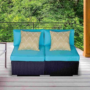 Black 2-Piece Patio Wicker Loveseat, Outdoor Sectional Armless Sofa Additional Furniture Set with Blue Cushions