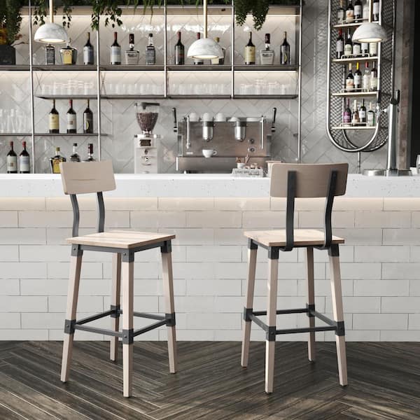29 in. Antique White Mid Wood Bar Stool with Wood Seat Set of 2