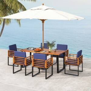 7-Piece Acacia Wood Patio Outdoor Dining Set Chair and Table Heavy-Duty Space-Saving with Navy Cushions