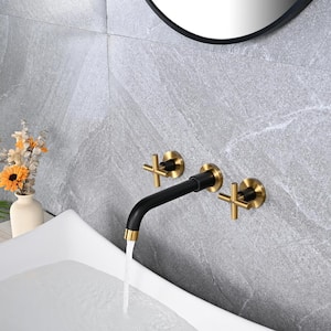 Modern Double Handle Wall Mounted Bathroom Faucet in Black and Gold