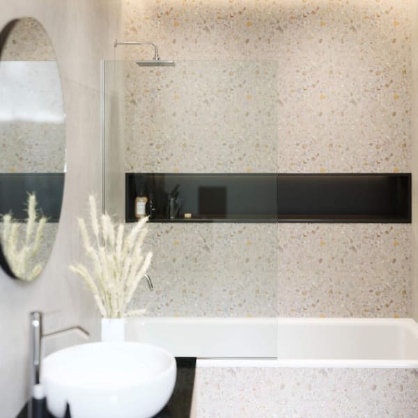 FINE FIXTURES 34.25 in. W x 58 in. H Fixed Tub Door Frameless in Chrome Finish with Tempered Clear Glass