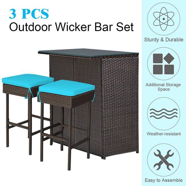 costway 3pcs patio rattan wicker bar table dining set