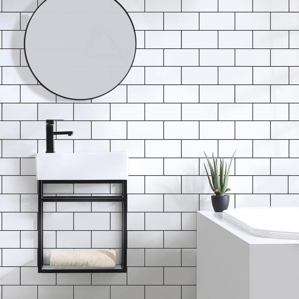19'' Black Stainless Steel Floating Bathroom Vanity with Glossy White Ceramic Top