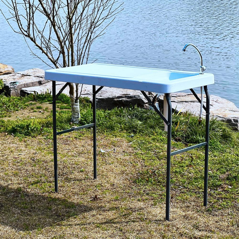 Portable White Plastic Fish Cleaning Table with Sink and Faucet