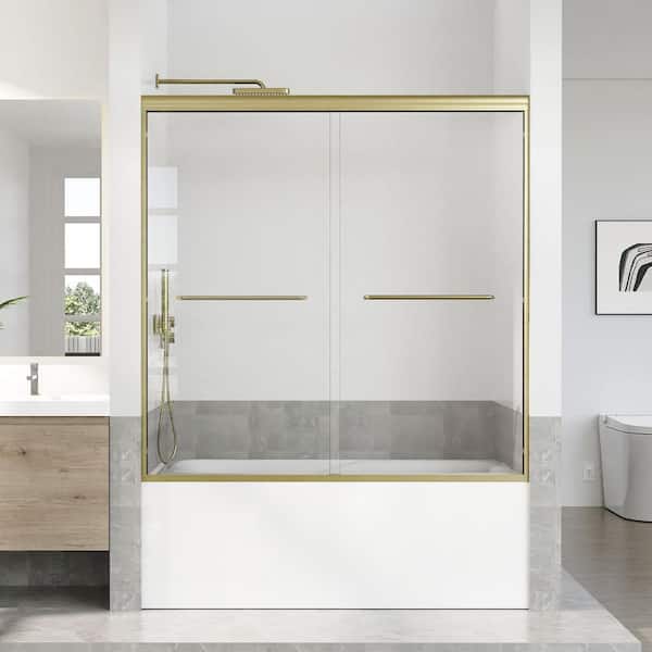 56-60 in. W x 60 in. H Sliding Framed Tub Door in Brushed Gold with 1/4 in. (6 mm) Tempered Clear Glass