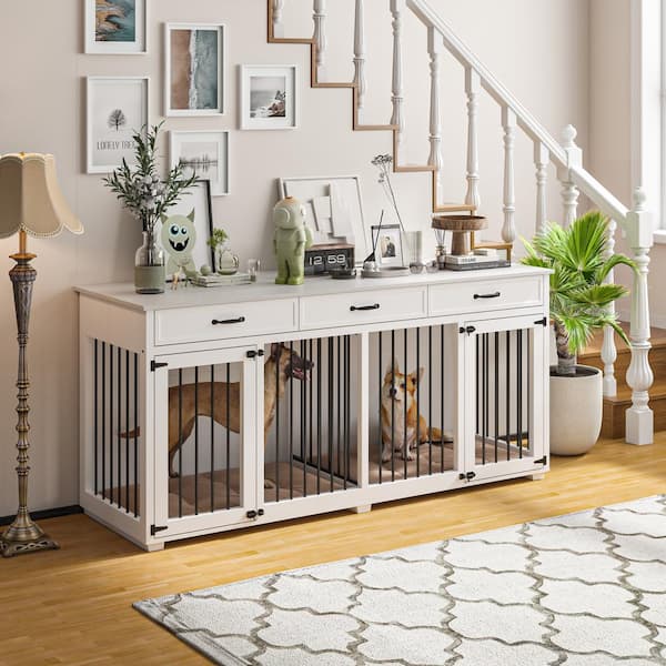 WIAWG Modern Large Dog Crate Furniture with 3-Drawers, Indestructible Dog Kennel with Removable Irons for 2 Medium Dogs, White