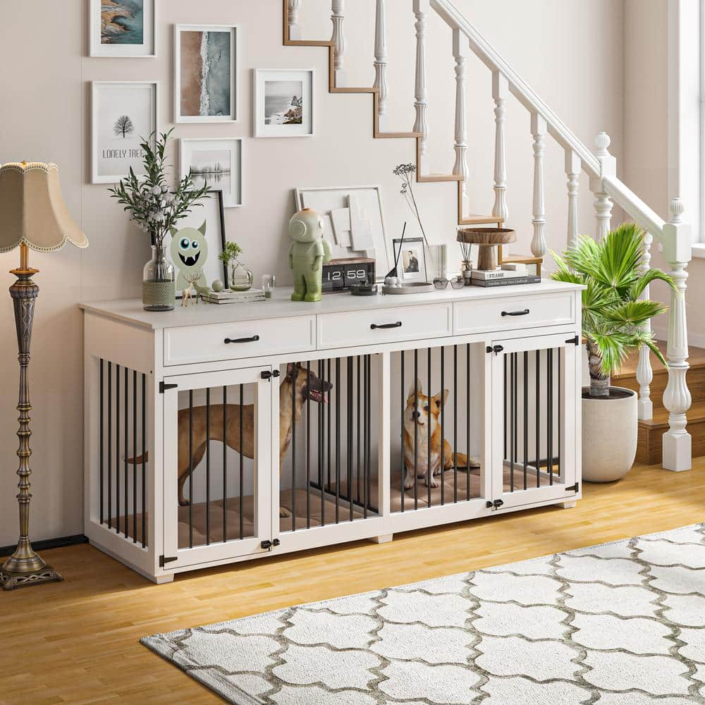 FUFU&GAGA Modern Large Dog Crate Furniture with 3-Drawers, Indestructible Dog Kennel with Removable Irons for 2 Medium Dogs, White