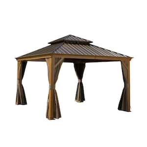 12 ft. x 12 ft. Brown Aluminum Outdoor Hardtop Patio Gazebo with Galvanized Steel Double Roof with Netting and Curtains
