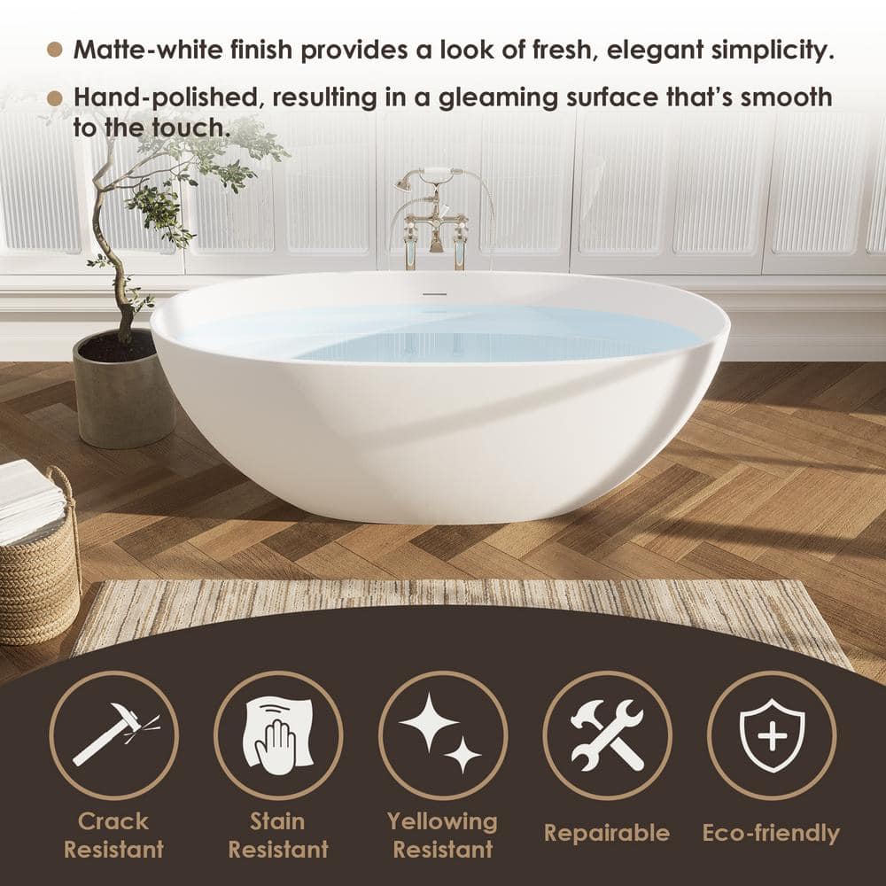 Euston 65'' Matte White Solid Surface Freestanding Oval Bathtub
