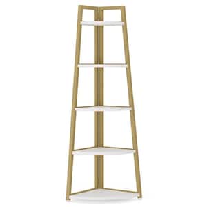 Jannelly 70 in. White and Gold Wood 5tier 5 Shelf Corner Ladder Bookcase with Open Back