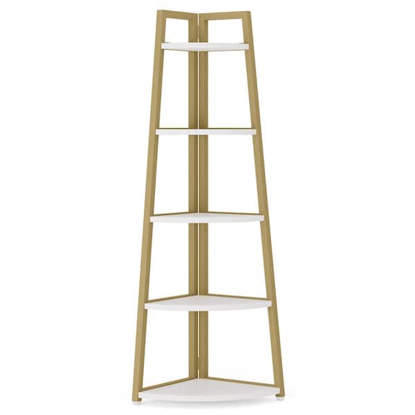 TRIBESIGNS WAY TO ORIGIN Jannelly 70 in. White and Gold Wood 5tier 5 Shelf Corner Ladder Bookcase with Open Back