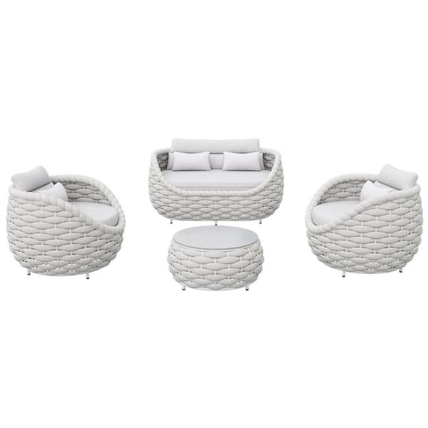 TWT Bird's Nest 4-Piece Gray Aluminum Hand-Woven Outdoor Patio Waterproof Sectional Seating Set with Light Gray Cushions