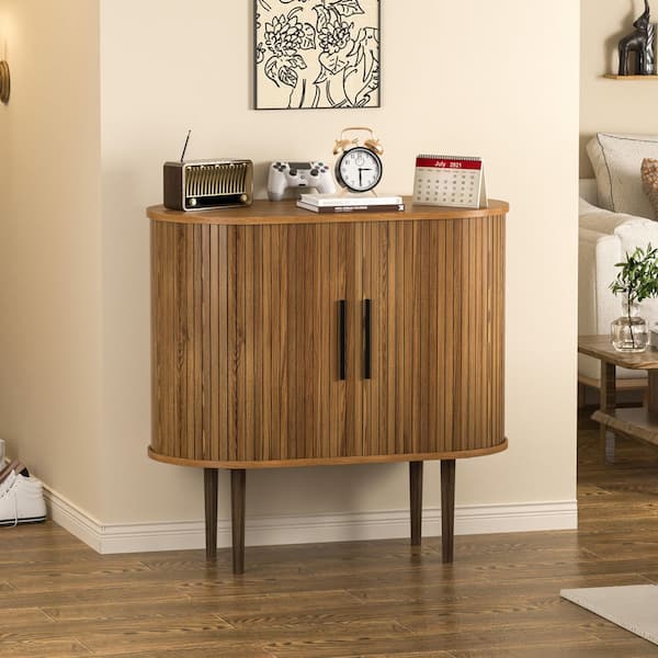 31.5 in. W Sideboard Storage Cabinet with Sliding Tambour Doors in Brown