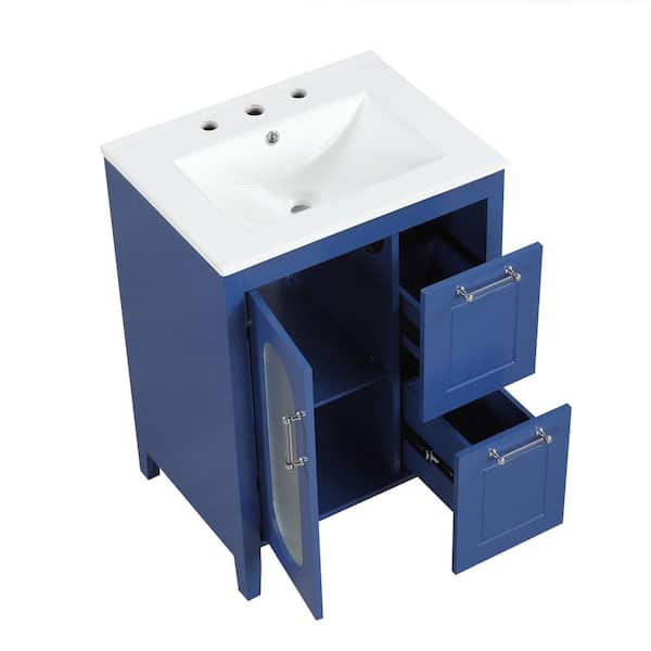 24 in W x 18.3 in. D x 33.2 in H Single Sink Freestanding Blue Bath Vanity with White Ceramic Top and Adjustable Shelf