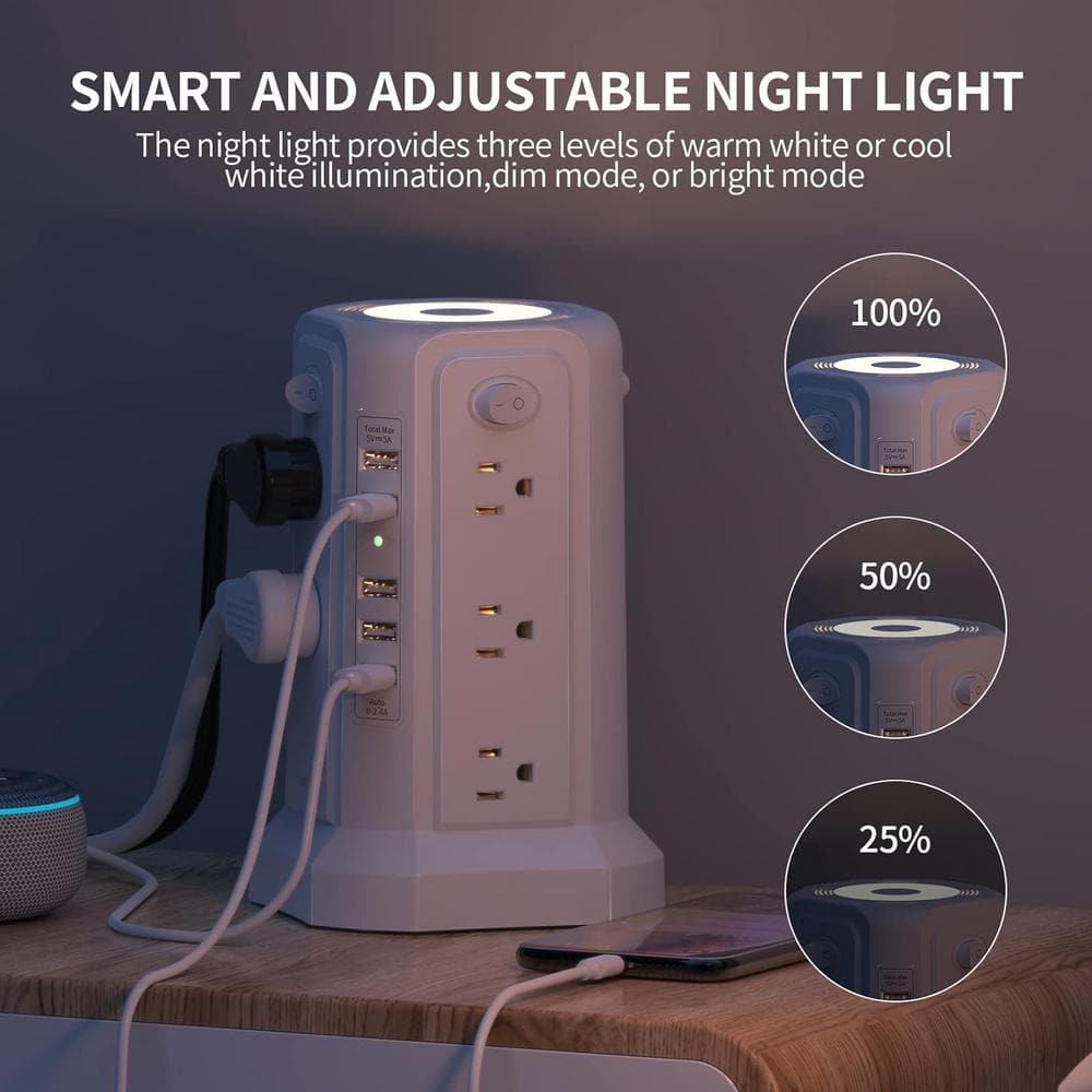 White Heavy Duty 12-Outlet Power Strip Tower with USB Ports
