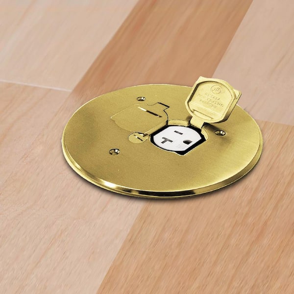 Low-Profile Round Floor Box Outlet Cover with 15A TR Duplex Receptacle and 2 Lift Lids, Brass