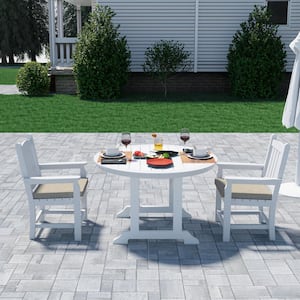White 3-Piece Plastic Round Outdoor Dining Table Set with Beige Cushion and Armrests