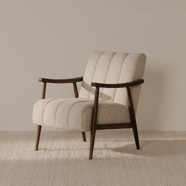 Fawn Pebbled Beige Polyester Blend Accent Chair with Solid Oak Frame and Channel Detailing