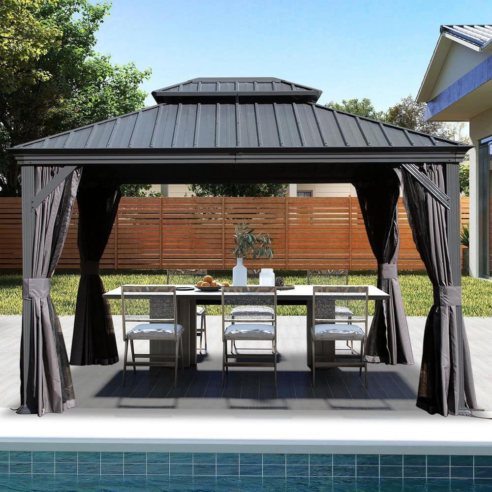 10 ft. x 13 ft. Gray Outdoor Gazebo with Galvanized Steel Double