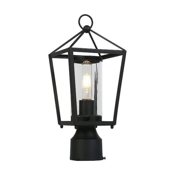 1-Light Black Metal Outdoor Weather Resistant Pier Mount Light Post Lantern with LED Cylinder Glass