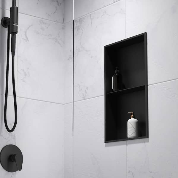 AKDY 12 in. W x 24 in. H x 4 in. D 18-Gauge Stainless Steel Double Shelf Bathroom Shower Wall NICHE in Matte Black