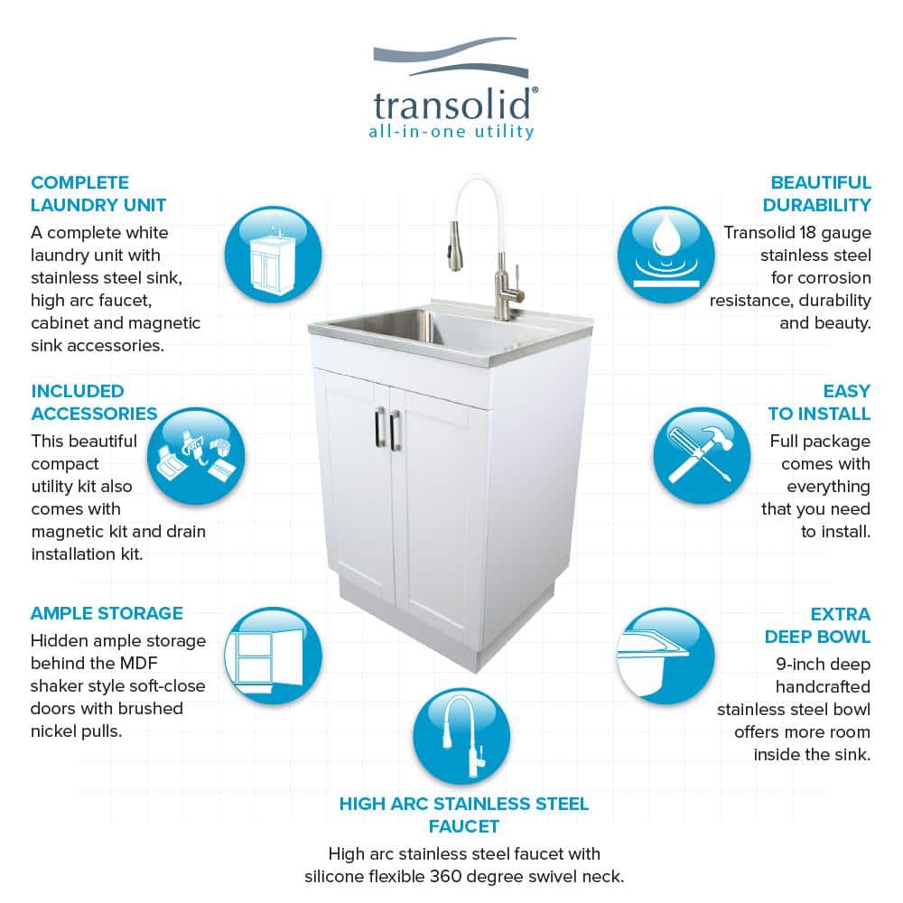 24-Inch White Freestanding Laundry Sink with Stainless Steel Faucet