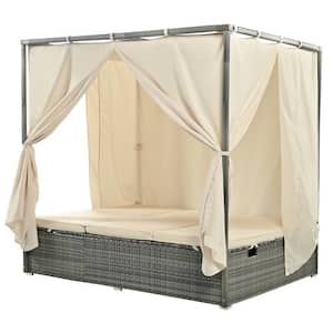 Wicker Outdoor Day Bed with Beige Cushions and Curtain