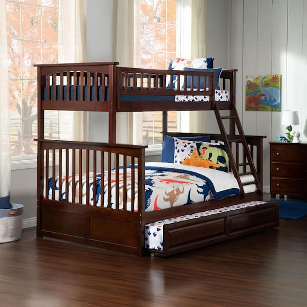 AFI Columbia Bunk Bed Twin over Full with Twin Size Raised Panel Trundle Bed in Walnut