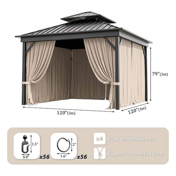 10 ft. x 10 ft. Universal Outdoor Privacy Curtains, Gazebo Replacement with Zipper Khaki (4-Side Curtain Only)
