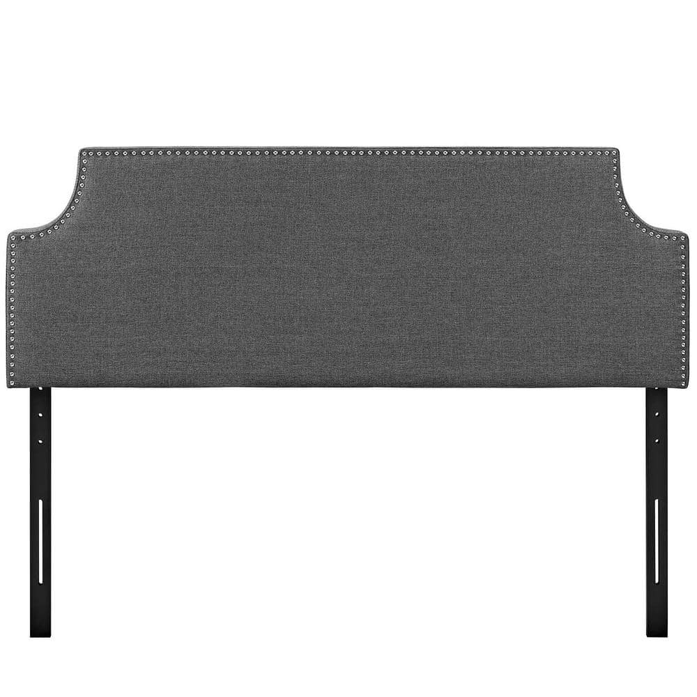 Beige Queen Upholstered Fabric Headboard with Silver Nail Trim