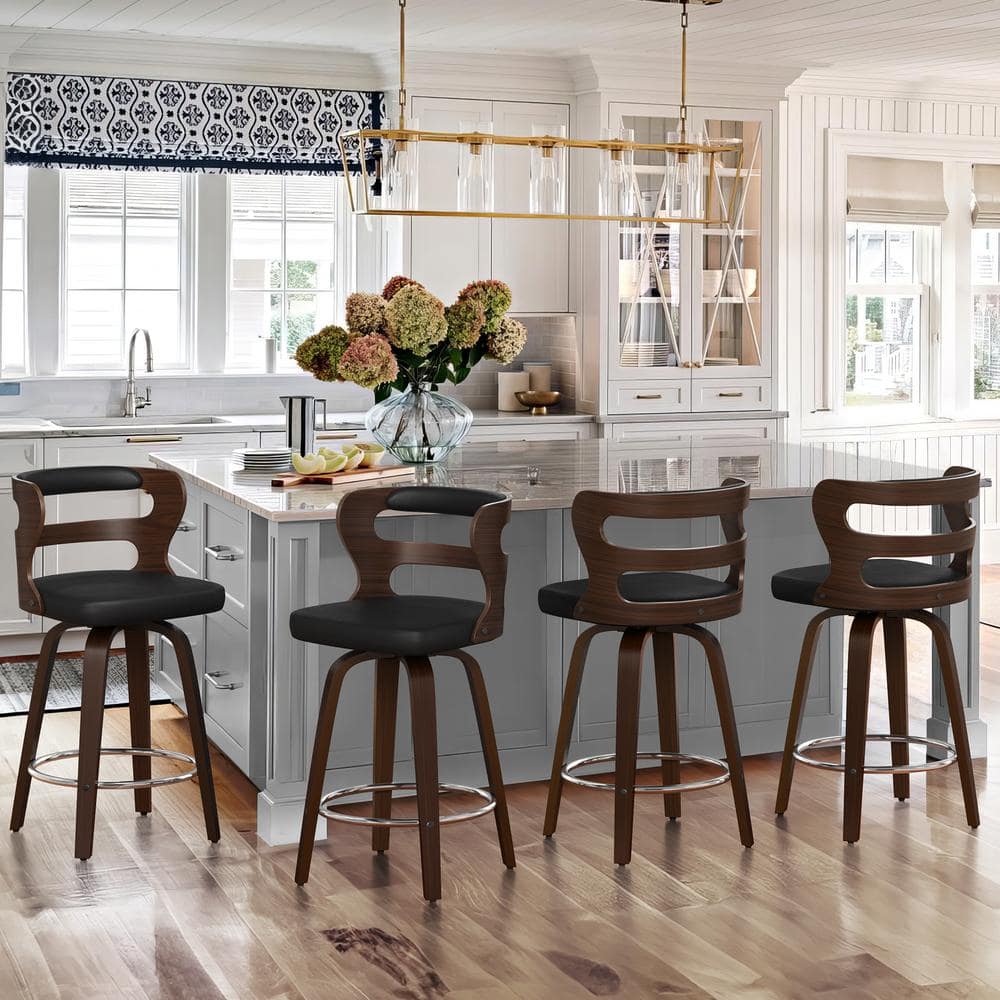 26 in. Black Faux Leather and Deep Walnut Wood Mid-Century Modern Swivel Counter Height Bar Stool (Set of 4) -  cozyman, 4ARBL-BL1142