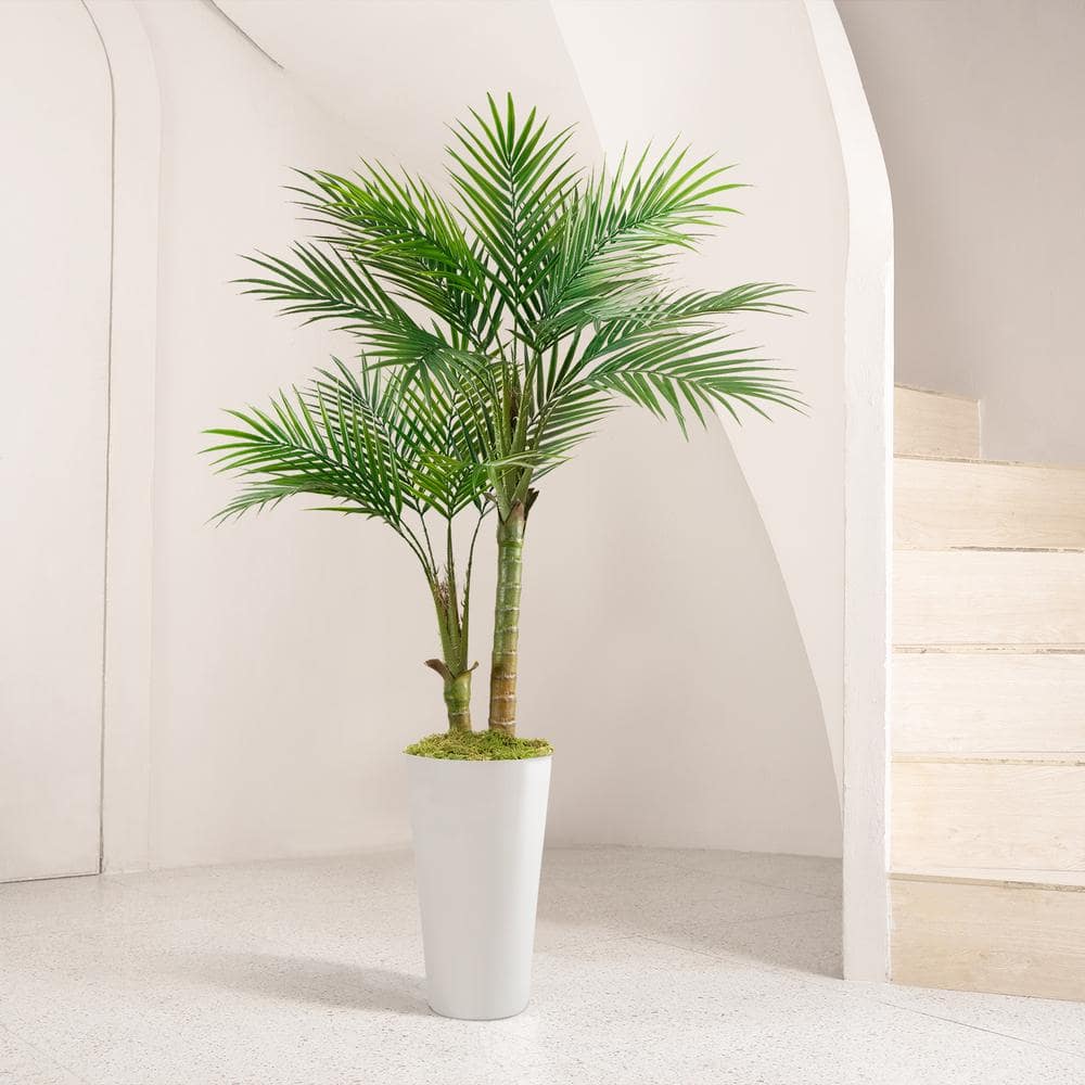 5ft Artificial Palm Tree with White Tall Pot 60. 2in Fake Plants Outdoor Fl