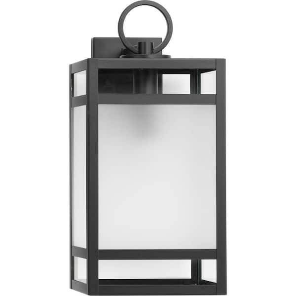 Progress Lighting 1-Light Matte Black Outdoor Lantern Parrish Clear and Etched Glass Modern Craftsman Large Wall No Bulbs Included