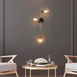 Modern Gold Bathroom Vanity Light with Globe Clear Glass Shades, 3-Light Black Wall Sconce for Bedroom Living Room Entry