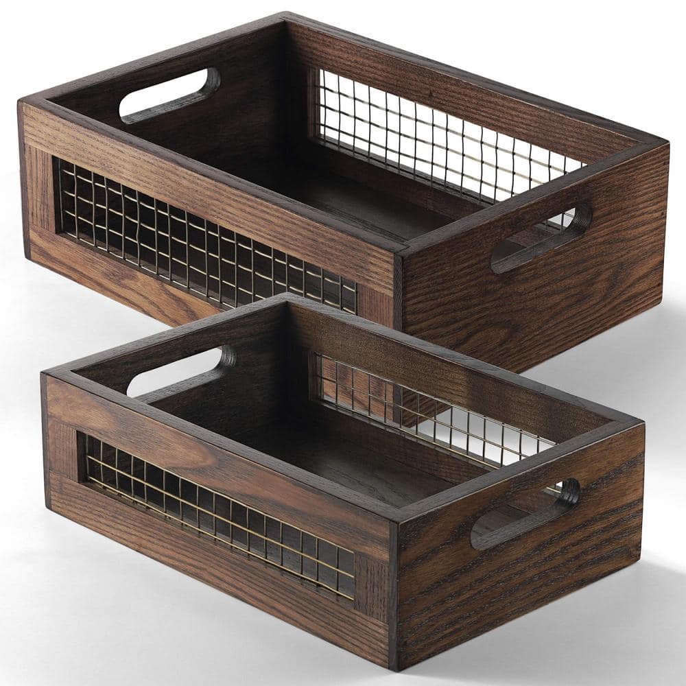 Oumilen 2 Pack Kitchen Countertop Basket Organizer Produce Storage Basket with Wood Lid, PSHK042
