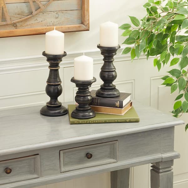 Litton Lane Black Mango Wood Turned Style Pillar Candle Holder with Distressed Finish (Set of 3)