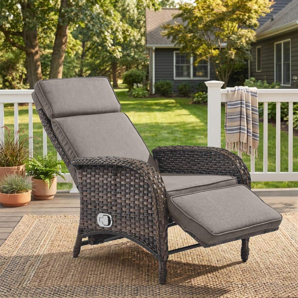 Riviera 1-Piece Brown Wicker Outdoor Adjustable Recliner Chair with Gray Cushion, Reclining Lounge Chair for Deck Porch price history on PriceWatchPro