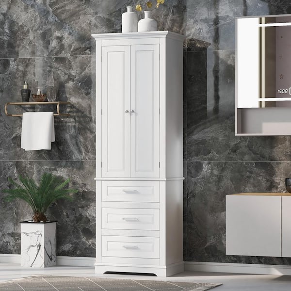 Unbranded 24 in. W x 15.7 in. D x 70 in. H White Linen Cabinet Tall Storage Cabinet with Three Drawers for Bathroom