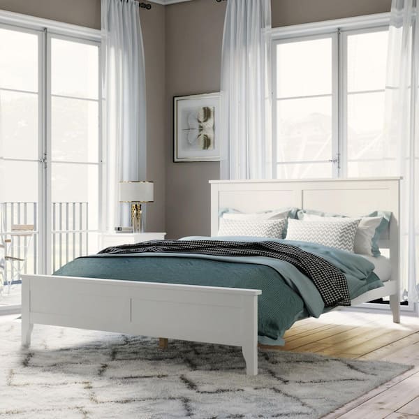 Modern Elegant White Solid Wood Frame Full Platform Bed