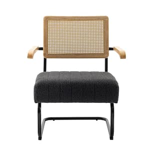 Mid-Century Rattan Backrest Carbon Black Boucle Seat Accent Chair