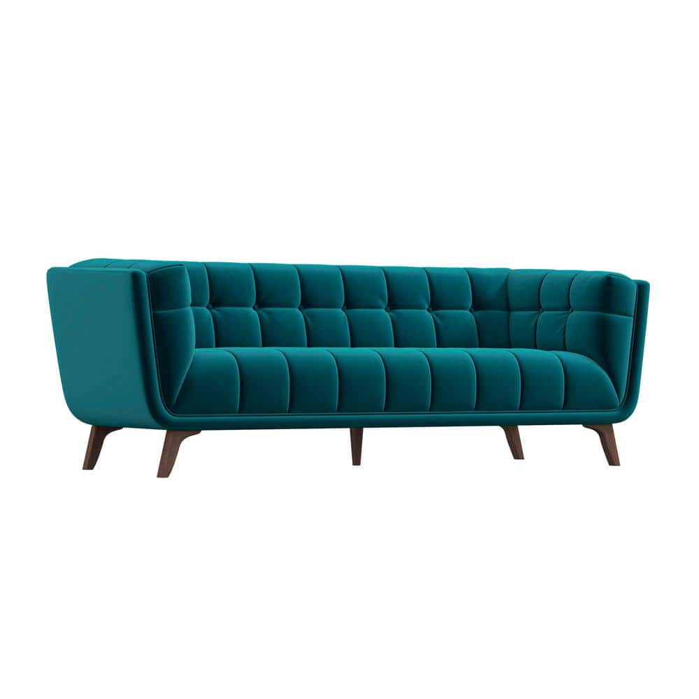 Kansas 86 in. W Square Arm Velvet Mid Century Modern Style Comfy Sofa in Teal Green (Seats 3) -  Ashcroft Furniture Co, HMD00263