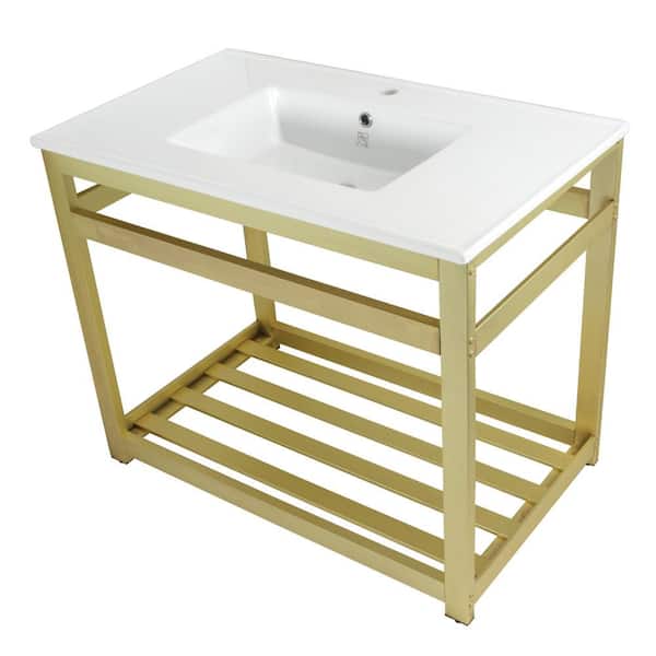 Kingston Brass Quadras Ceramic White Console Sink with Legs in Brushed Brass
